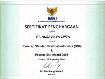 PT. Nusa Raya Cipta1 as National Standard of Indonesia SNI Participant SNI Award 2008 from BSN