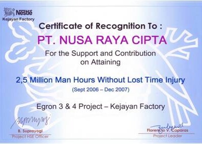 Certificate Of Recognition PT.Nusa Raya Cipta1 From Kejayan Factory
