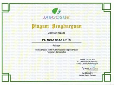 Award Charter of PT. Nusa Raya Cipta1 As A Company Ordered Jamsostek Program